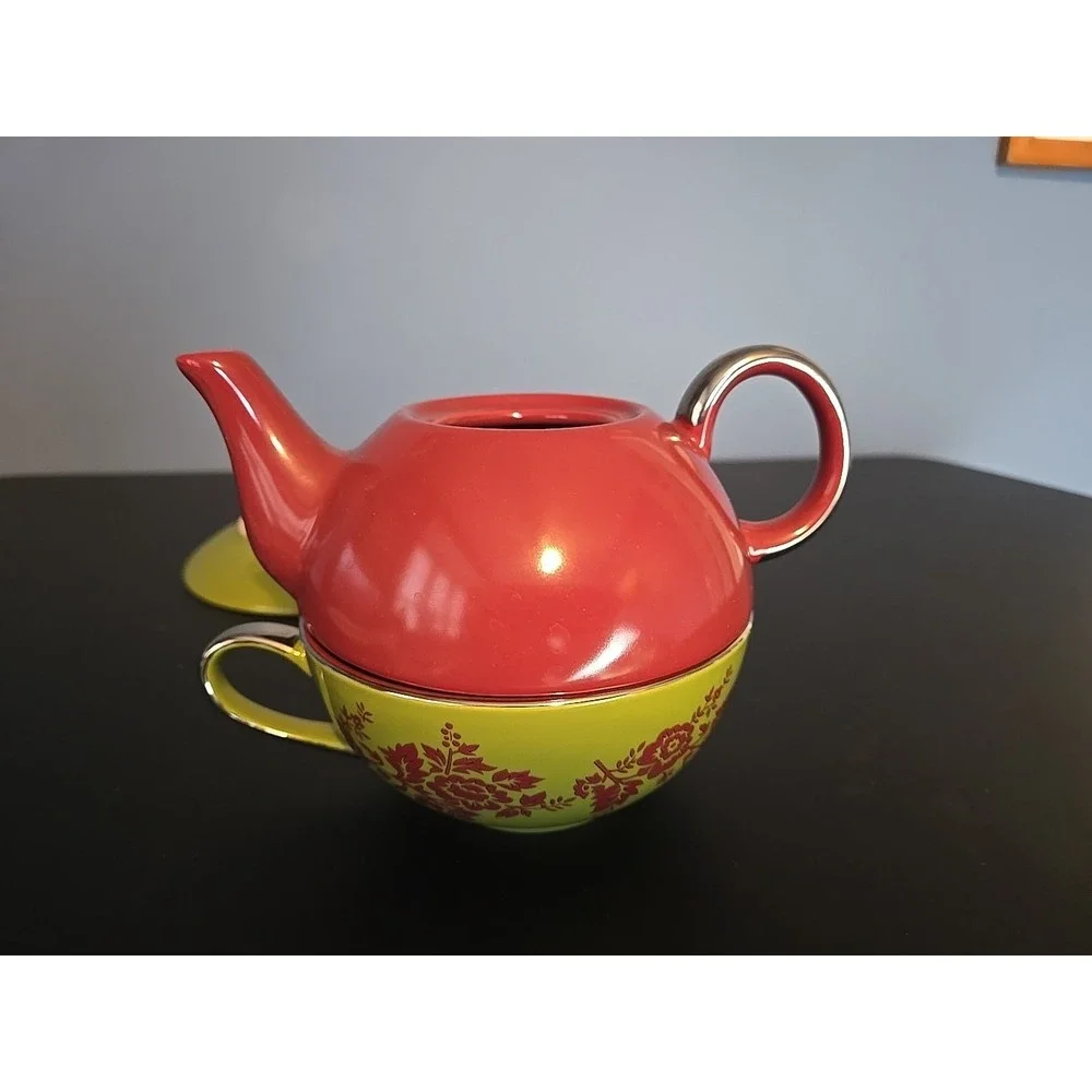 Teapot For One with‎ Tea Cup and Saucer Red Green Flowers